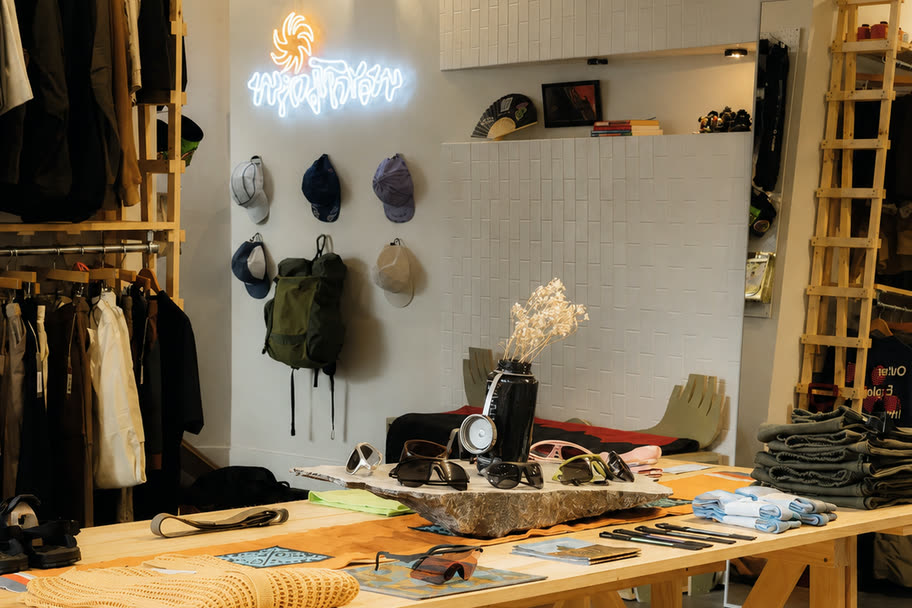 Caps on the wall above the display table inside Windthrow in Seattle